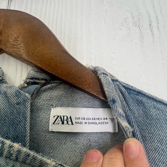 Zara - Blue Stonewashed With Frayed Hemline Denim Short Sleeve Shirt Size XS - Picture 10 of 12